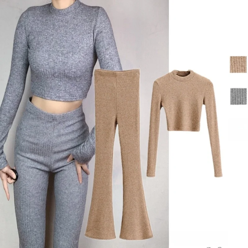 

Шикарные вязаные расклешенные брюки с высокой талией и топ с высоким воротником, повседневный комплект из двух предметов для женщин, модный осенне-зимний наряд