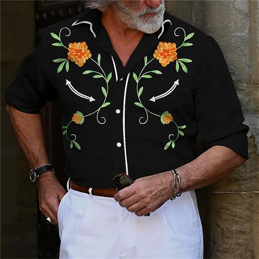 Camisa de estilo occidental para hombre, patrón de instrumentos musicales, estampado de botones de manga larga de calle, ropa de calle deportiva de