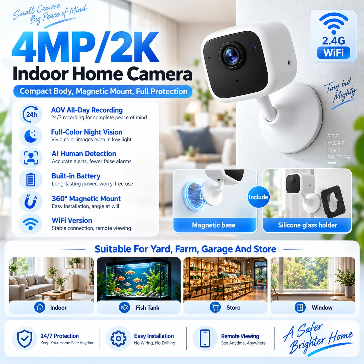 4MP Mini WiFi Indoor Security Camera Smart Motion Detection Full Color Night Vision Two Way Audio With Bracket