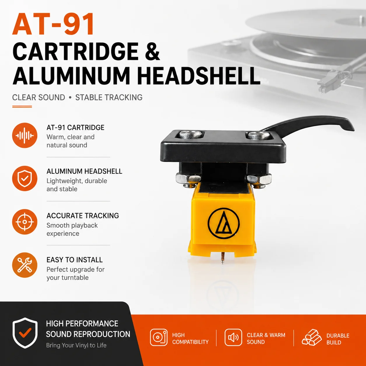 AT-91 Phono Cartridge With Aluminum Headshell Clear Sound Stable Tracking For Vinyl Turntable Accessories