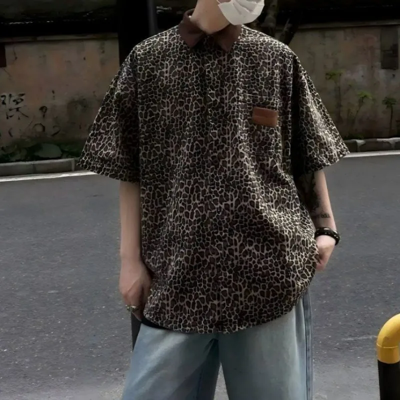 

Мужская винтажная вельветовая рубашка контрастного цвета с леопардовым принтом, летняя повседневная уличная одежда Y2K, большие топы с короткими рукавами, Ropa De Hombre