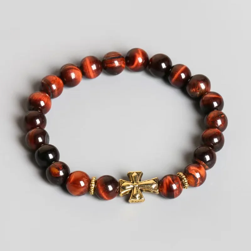 Red Blue Tiger Eye Beads Bracelet Natural Stone Black Onyx Crystal Bracelet Cross Buddha Amulet Jewelry Men