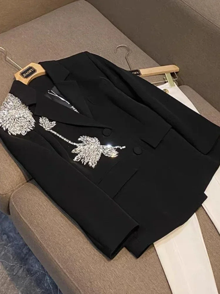 Temperament Rhinestones Flower Splicing Blazers Women 2024 Fall New Elegant Loose Double Breasted Long Sleeve Black Blazer Femme