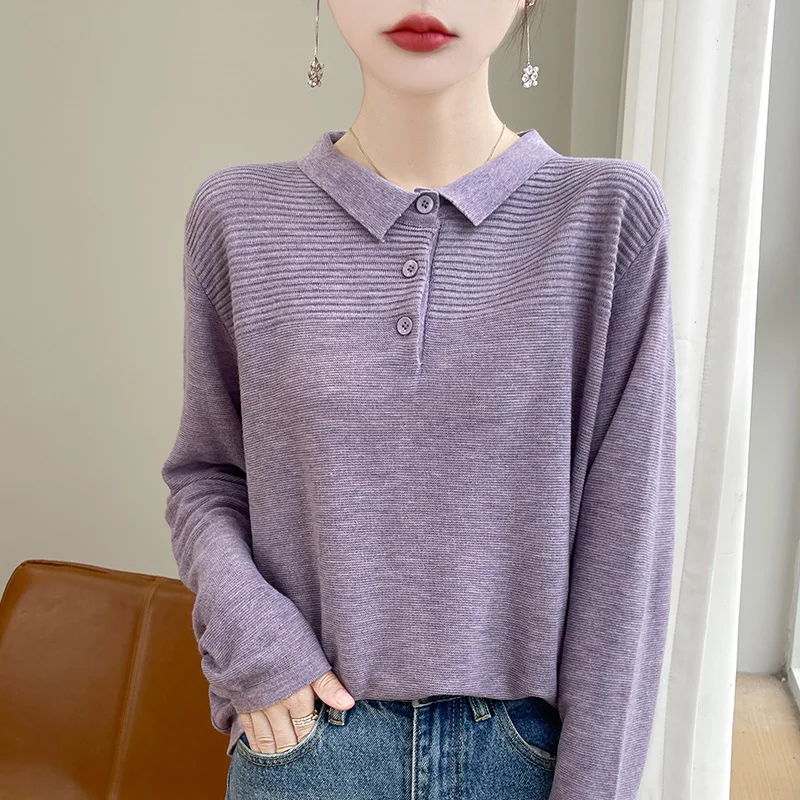 Autumn Winter Wool Worsted Sweater Women Elegent Turn-down Collar Sweater Button Long Sleeve Top Fashion Knit Female Pullover