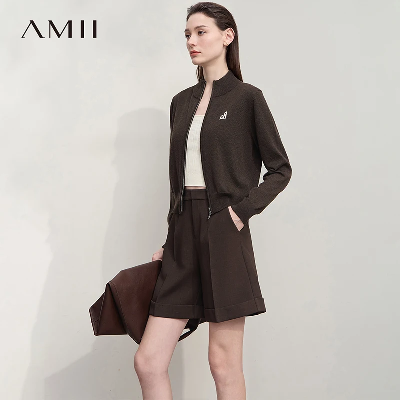 

AMII Cardigan For Women 2025 Winter New Turtleneck Long Sleeves Wool Women's Sweater Short Zipper Versatile Tops Ladies 12543109