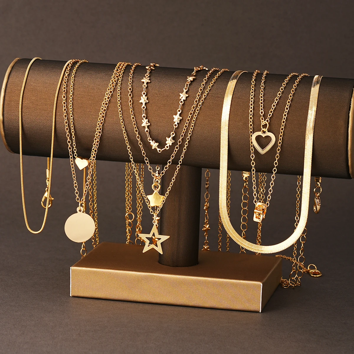 7pcs/Set Simple Star Heart Pendant Necklace Set For Women Fashion Gold Color Elegant Layered Necklace Female Charms Jewelry Gift