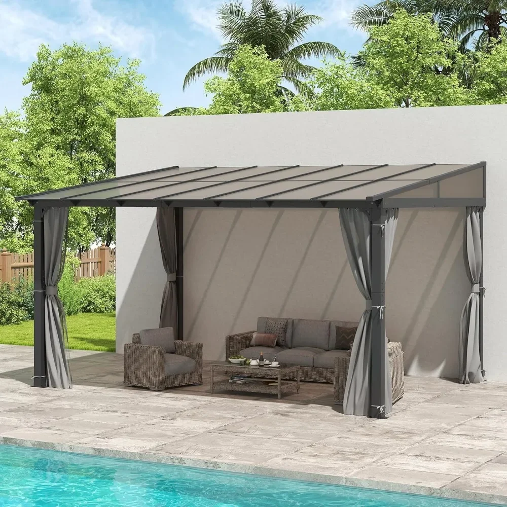 

10'x13' Gazebo, Wall Mounted Gazebo Pergola with Aluminum Frame, Curtains and Netting for Patio, Decks, Garden and Lawn
