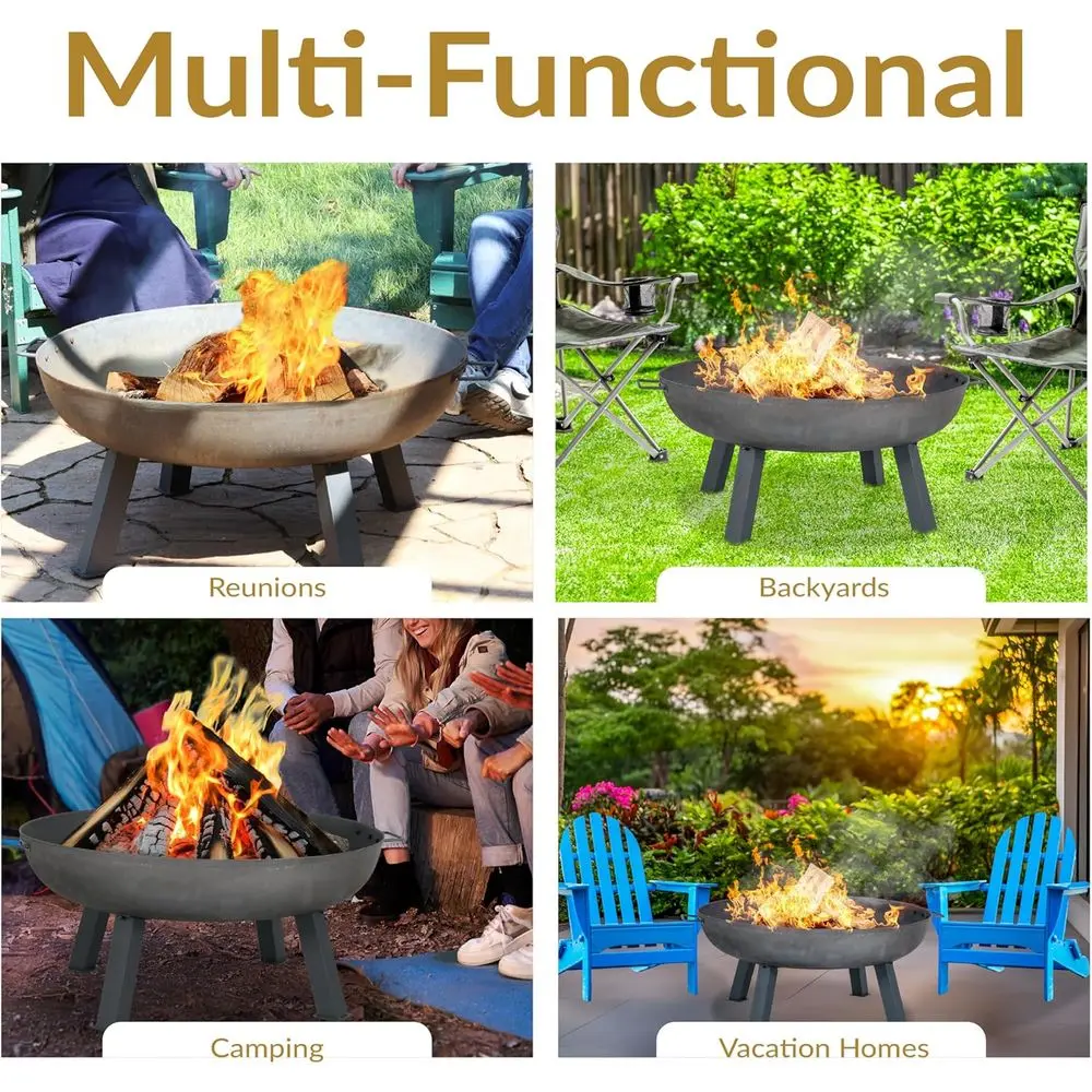 وعاء حفرة نار خارجي متين من الحديد الزهر مقاس 34 بوصة مع مقابض لحرق الخشب واللمسات النهائية الفولاذية