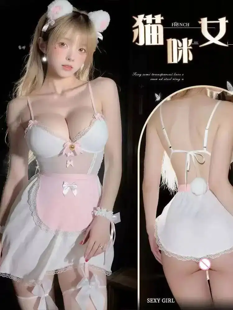 Mała Kotka Pokojówka Role Play Sukienka Nocna na Ramiączkach Odkrywająca Biust Seksowna Sukienka w Stylu Czystej Pożądania Elegancka Modna Słodka Mini Sukienka AAZ8