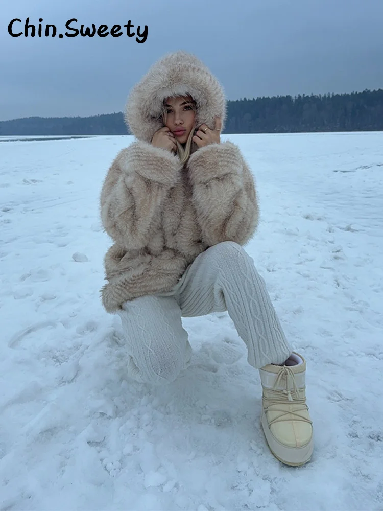 Street Hooded Faux Fur Coat Women Loose Full Sleeve Thicken Fluffy Overcoats Female 2025 Autumn Winter Lady Warm Luxury Outwear