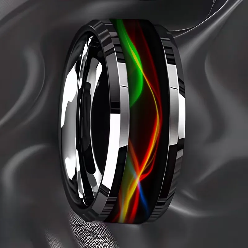 Cyberpunk Rainbow Aurora Grain Inlay Galaxy Style Men Stainless Steel Rings, Polished Beveled Edge Rings for Men Wedding Bands