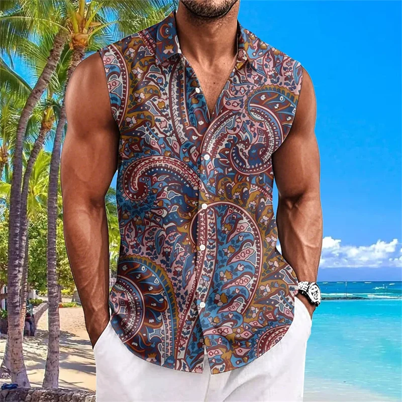 New summer men's vacation shirt, sleeveless T-shirt for beach travel, lightweight and breathable Hawaiian style men's top.