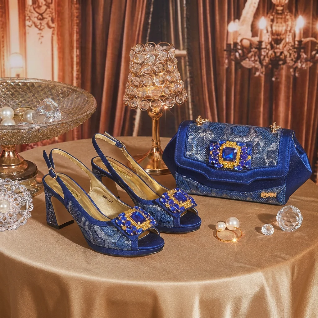 Women Royal Blue Peep Toe Slingback Block High Heels with Rhinestone Decor, Italian Luxury Matching Chain Bag Set For Wedding