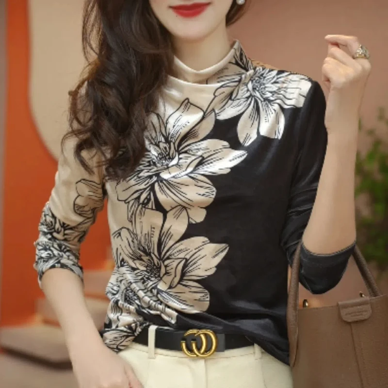 Spring Autumn New Print Patchwork Loose Bottoming Shirt Long Sleeve Plus Size Vintage T Shirt Tops Casual Fashion Women Clothing