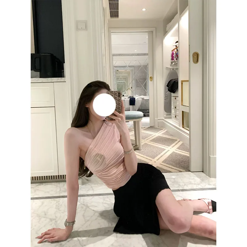 

Korean Style Sexy Goddess Spring 2026 New Ins Asymmetrical Shoulder Pleated Vest Top with Short Skirt Two-Piece Set Fashionab...