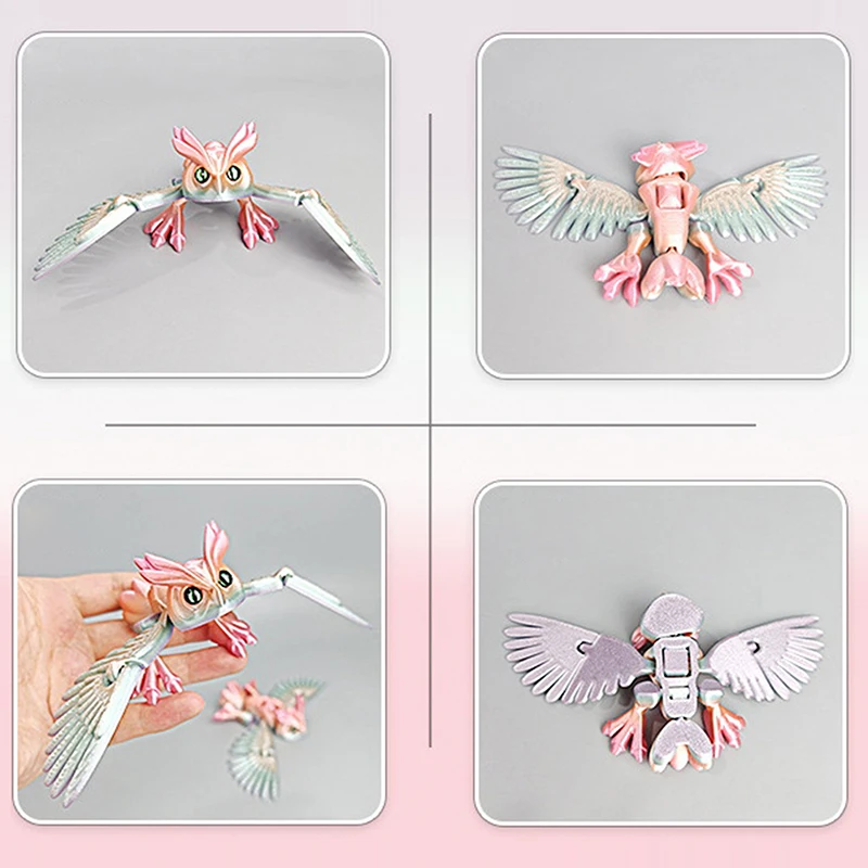 3Dプリントのフクロウボタン、羽を振る、手作り、子供のおもちゃ、卓上装飾、関節可動、漫画風シミュレーション動物フィギュア