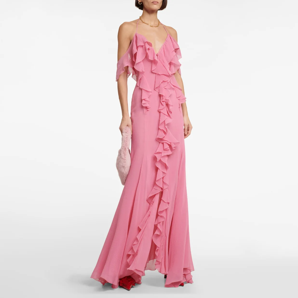 

Split fork deep V neck strap sling halter pink ruffle edge long dress fashionable simple versatile temperament luxury elegant re