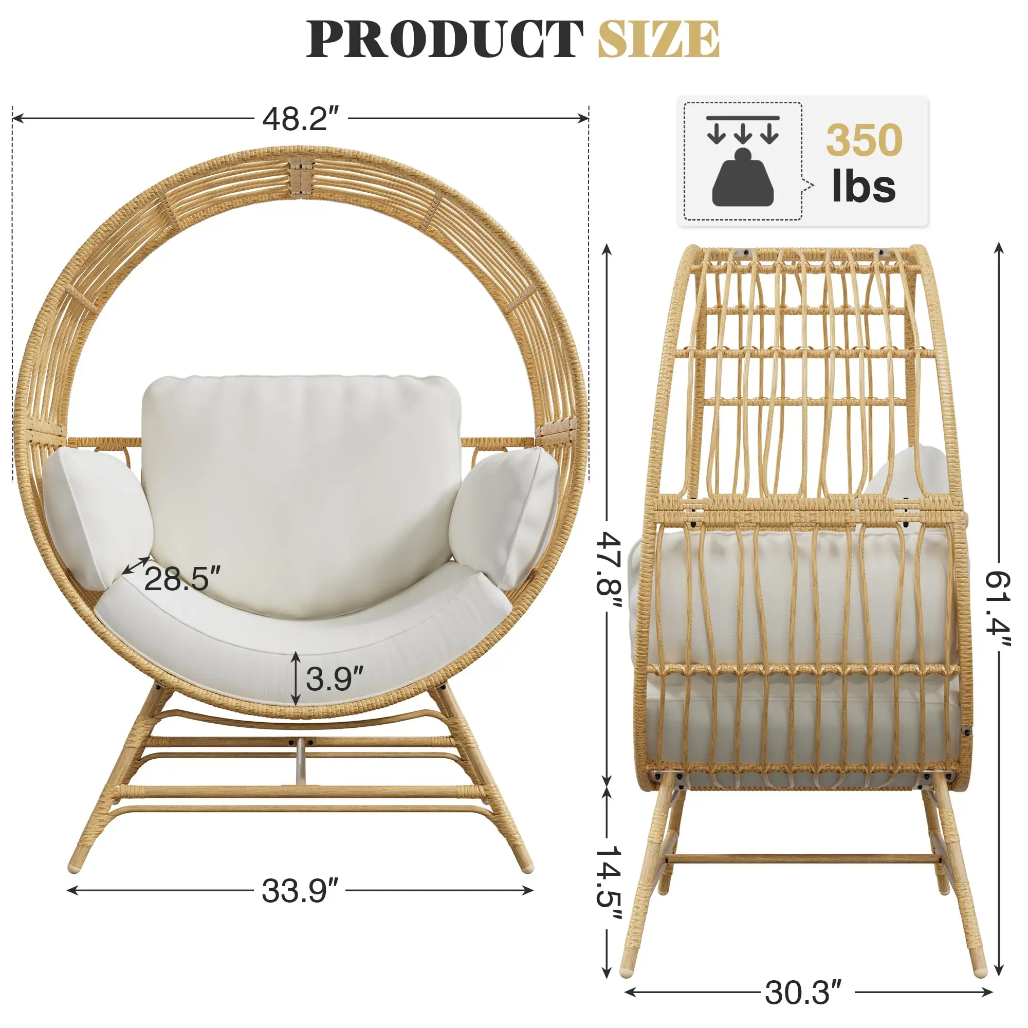 Oversized Egg Chair Indoor/Outdoor Rattan Hanging Basket Chair with Thickened Cushion Supports 350LBS – Wicker Patio