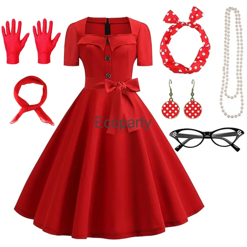 50er Jahre Vintage Hepburn Kleid für Frauen Retro schwarz Punkt quadratischen Hals A-Linie Kleid mit Brille Schal Handschuhe Anzug Halloween Kostüme