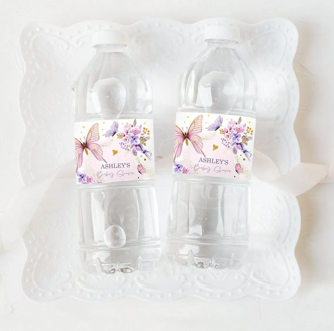 24 Pieces(Just Labels), Custom Girl Floral Butterfly Custom Water Bottle Labels, Water Bottle, Birthday, Baby Shower
