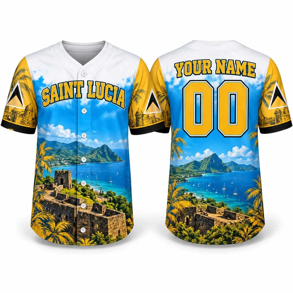 Pitons Inspired Saint Lucia Baseball Jersey Personalize DIY   Jerseys Shirt with Caribbean Landscapes and Sky Blue Gold Shirts