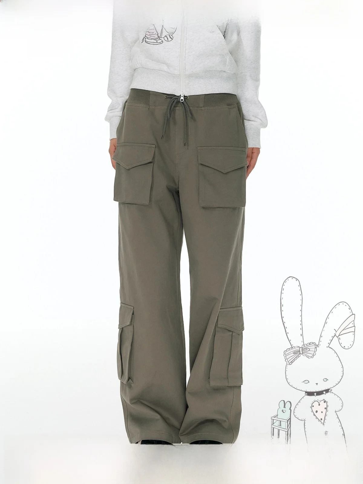 YUPH Casual Wide Leg Pants Women's Multi-Pocket Drawstring Waist Patchwork Slimming Long Trousers Workwear Style Cotton