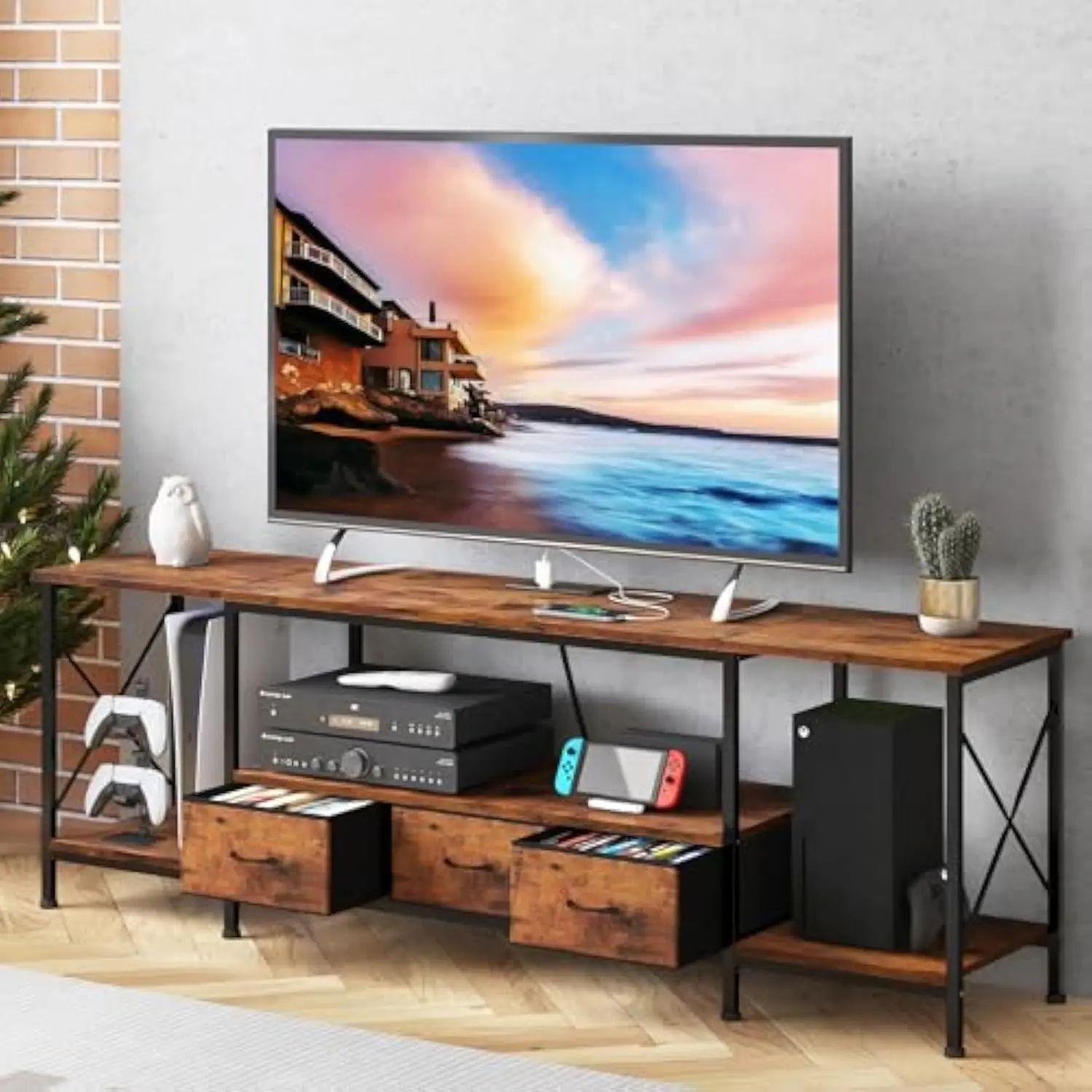 

65 Inch TV Stand Entertainment Center with Storage and Power Outlets Fabric Drawers, 60 70 TV Console Table with Metal Frame S