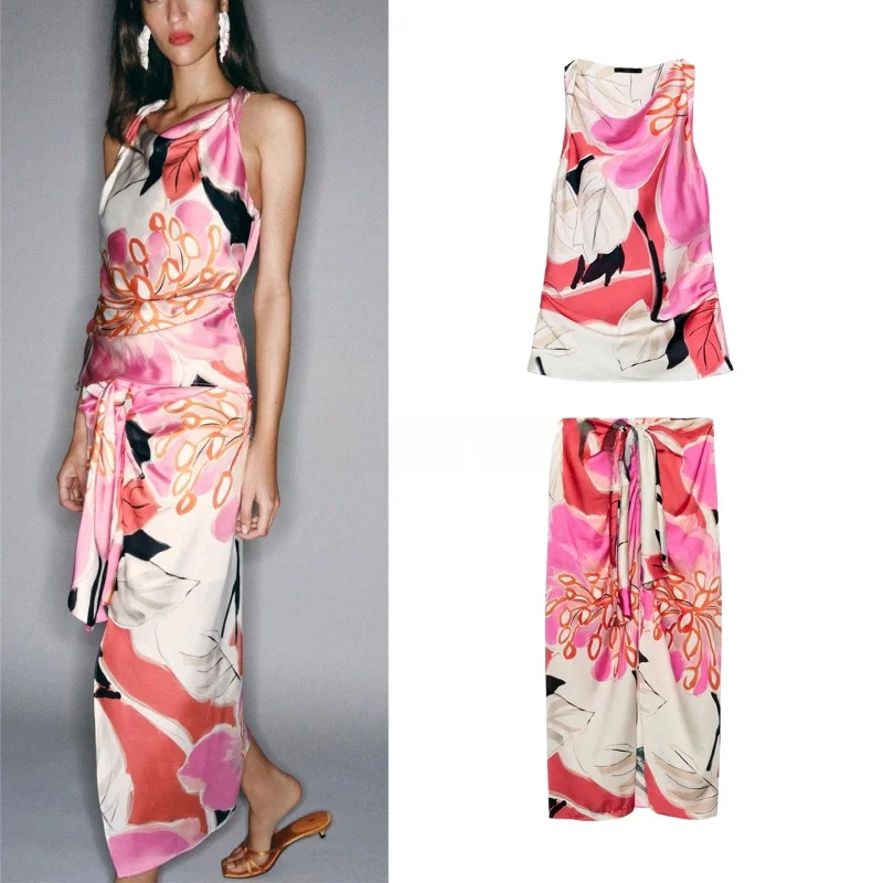 

High Waist Midi Skirt with Slit round Neck Sleeveless Gown Women's Summer Fashion Set High Waist Gown with Pleats 2650216