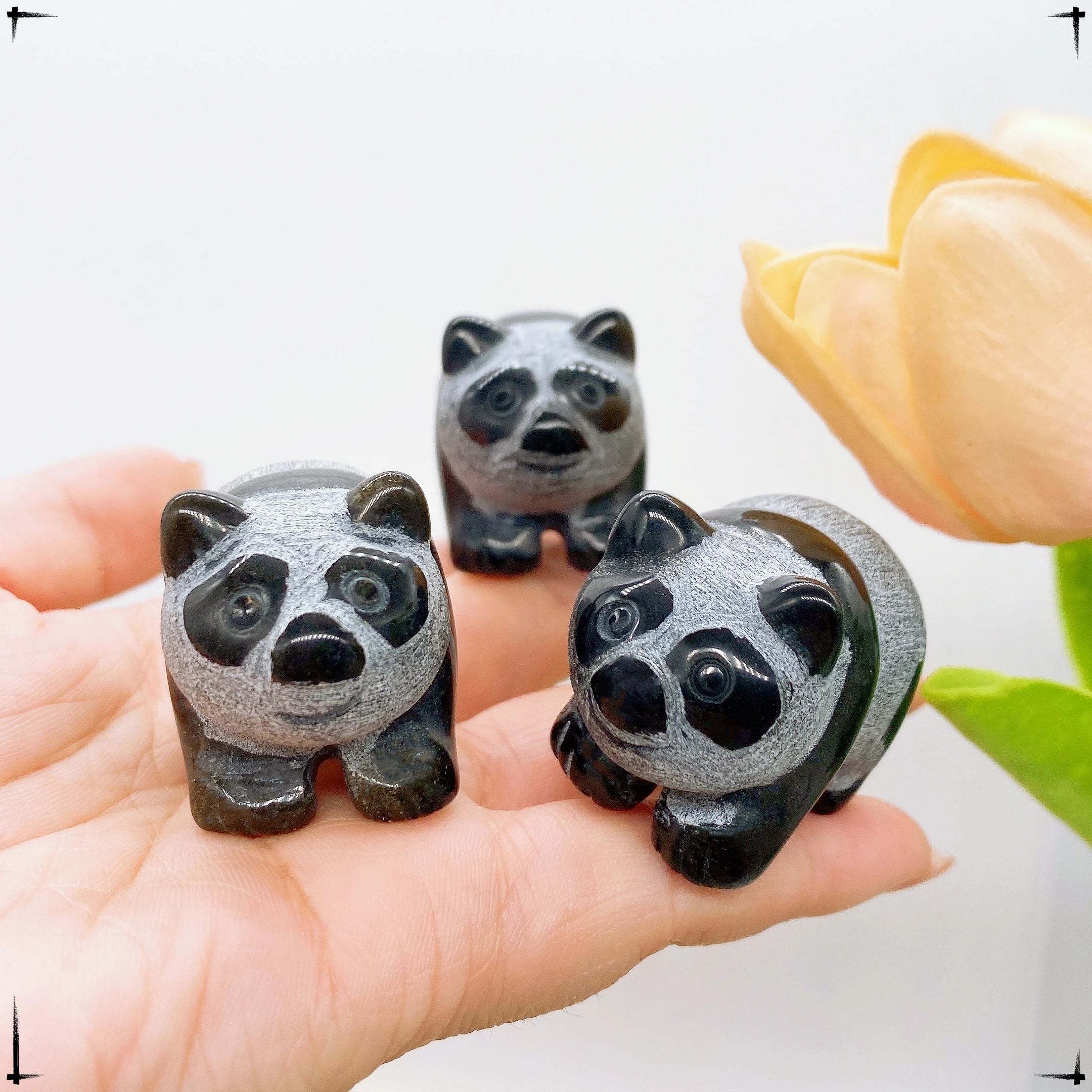 Natural Black Obsidian Panda China Bear Figurine Animals Cryatal Stone Reiki Crafts Small Decoration Souvenir Home Decor Gifts