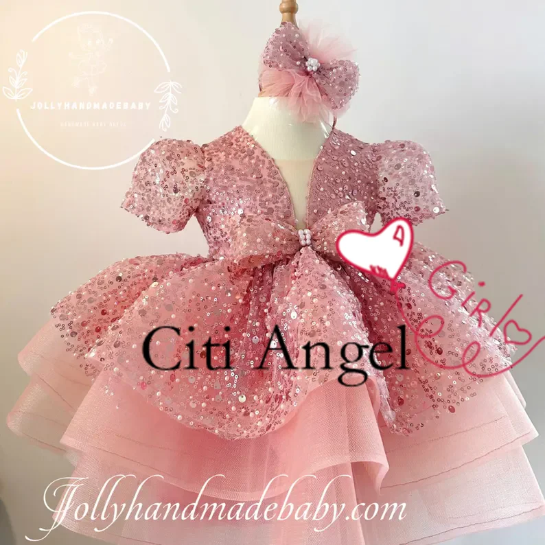 

Luxury Ball Flower Girl Dresses Short Sleeves Gown Wedding Party Dress Flowers Floor Length Princess Birthday Dress Customized
