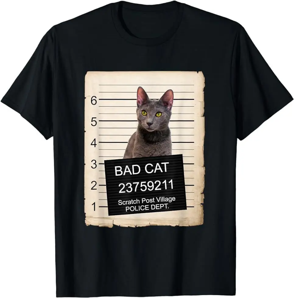 NEW LIMITED Russian Blue Kitten mug shot bad Cat Funny Gift T-Shirt Size S-5XL