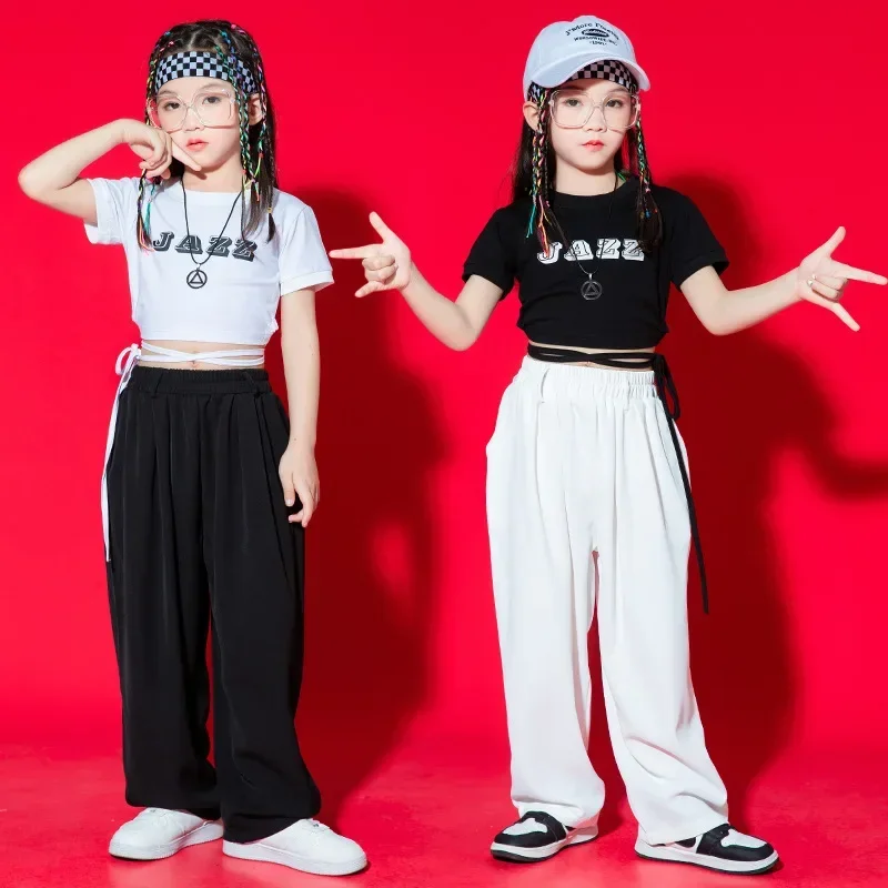 Kid Kpop Hip Hop Clothing White Black Lace Up Crop Top T Shirt Tee Casual Street Baggy Pants for Girl Jazz Dance Costume Clothes