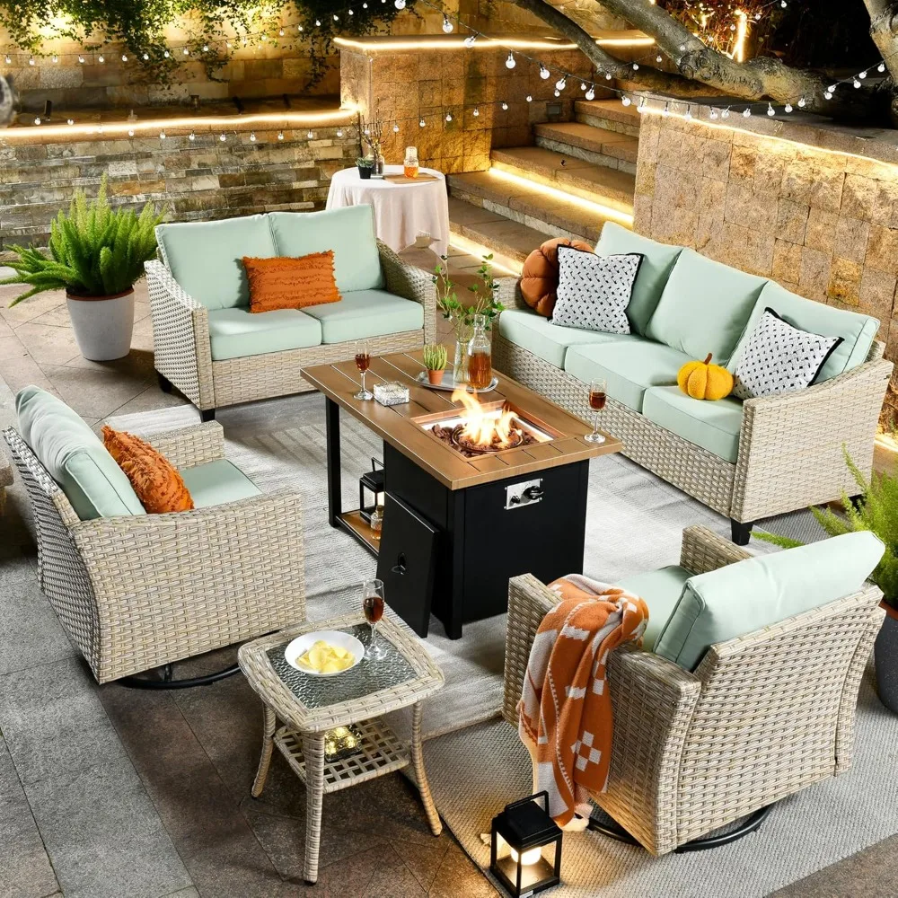 

Patio Furniture, All Weather Wicker 6 PCS Outdoor Sofa with High Back Swivel Rocker Chairs, Conversation Set with 42 inch Fire