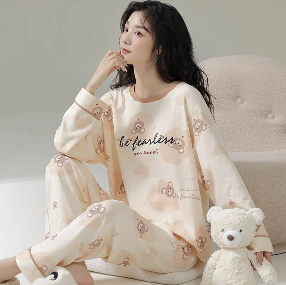 Women\'s Two-Piece Spring And Autumn Pajamas Women With Corset Long-Sleeved Trousers Students Cartoon Loose Homewear Pajama Set