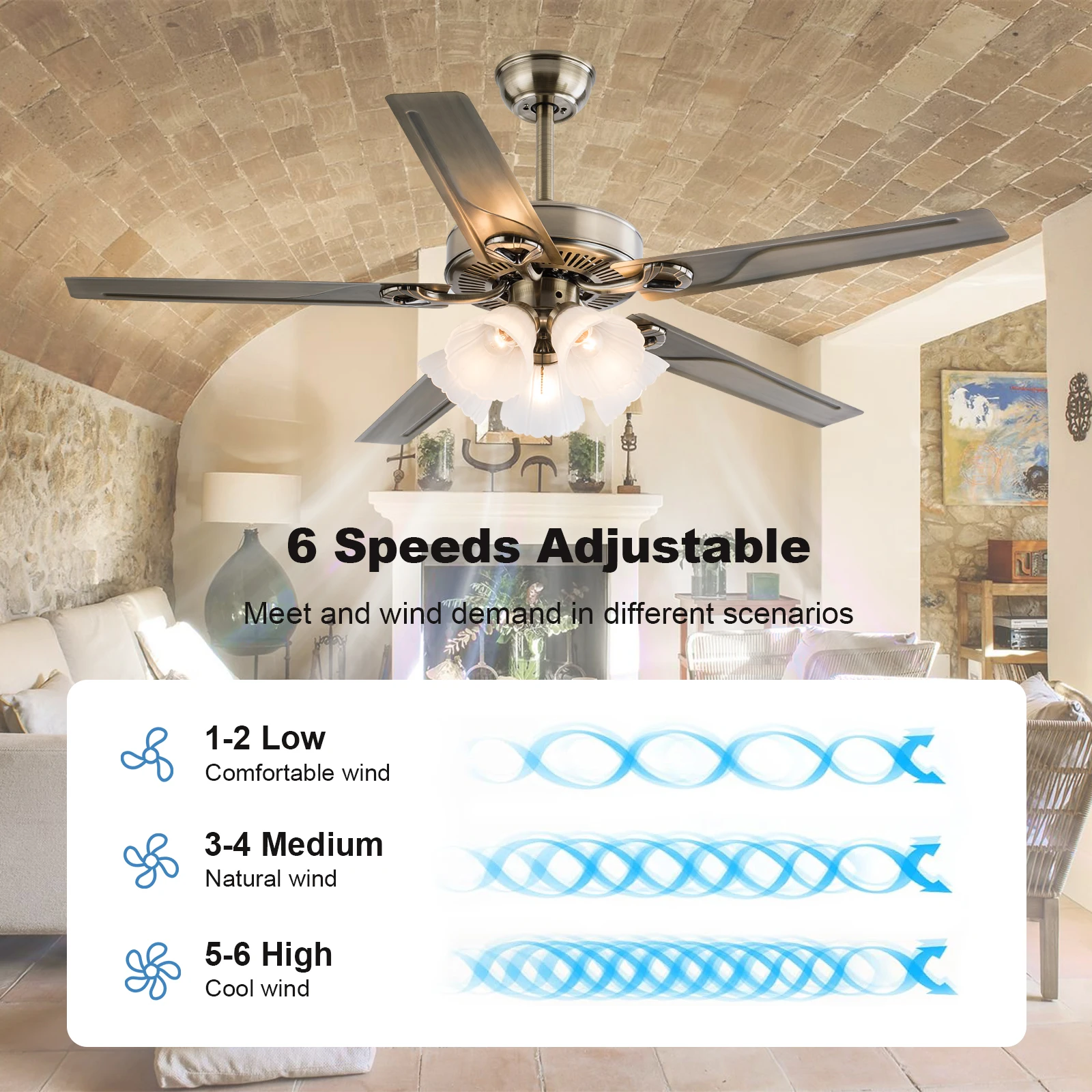 Retro Ceiling Fan Light American Iron LED 3-Color Light Source, Remote Control, 5-Piece Reversible Fan Blade Motor