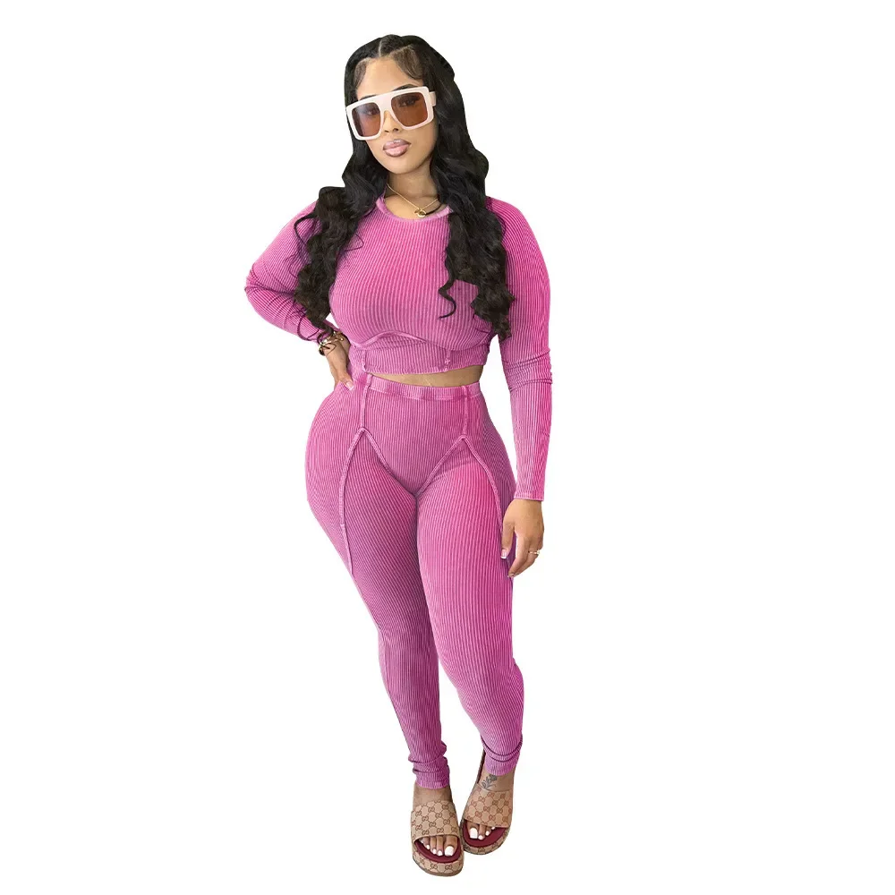 Sexy Spring 2 Two Piece Sets Women Long Sleeve Bodycon Crop Top+High Waist Pants Suits Club Ribbed Gray Pink Matching Outfits