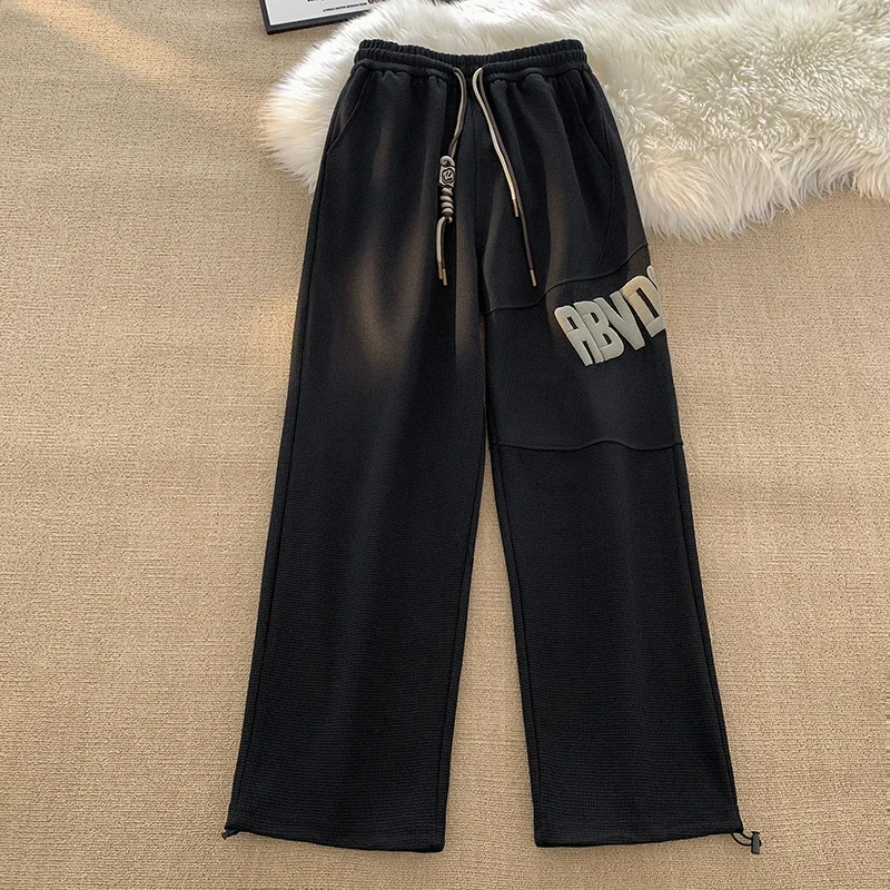Men's Waffle Collage Wind Wide Leg Pants American Print Drawstring Pants Y2K Fashion Loose Street Hip Hop Casual Sweatpants