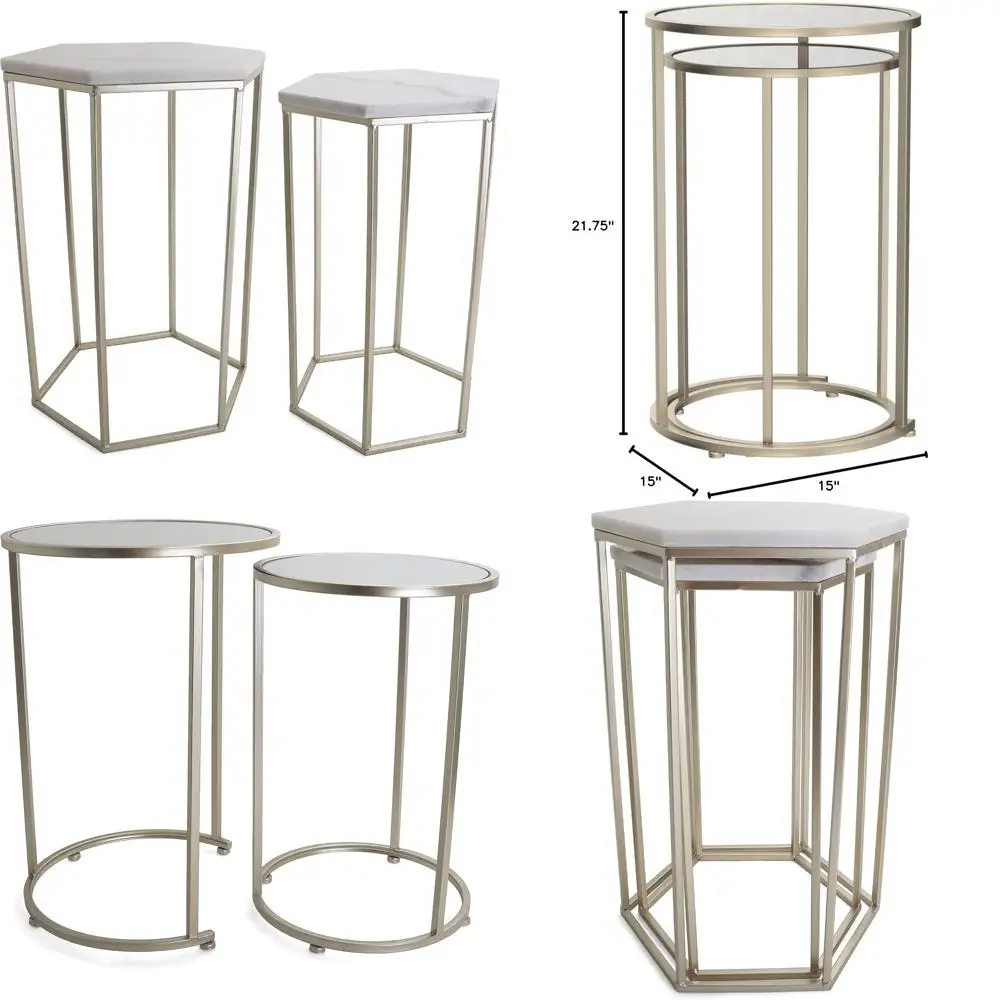 

Rutledge & King Hexagonal Marble Top End Table Set - Geometric Nesting Accent Tables with Metal Side Tables