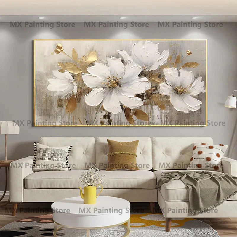 Gold Flower Oil Painting On Poster, Canvas Prints Wall Art, Abstract White Floral Painting, Living Room Decor,Home Decor Unframe