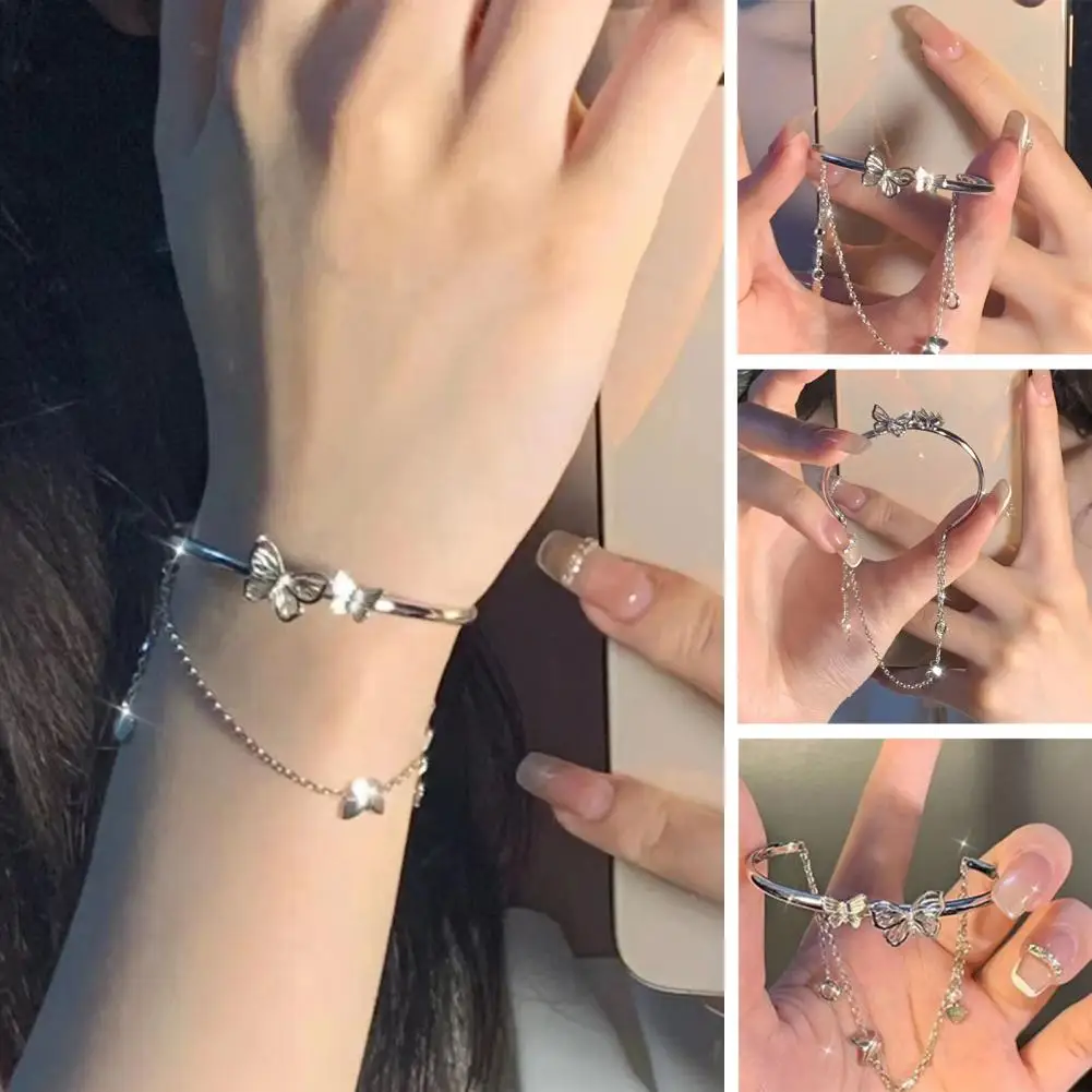 Women Bracelet Chain Tassel Decor Half Bangle Opening Adjustable Butterfly Pendant Exquisite Lady Wrist Bracelet Women Jewelry