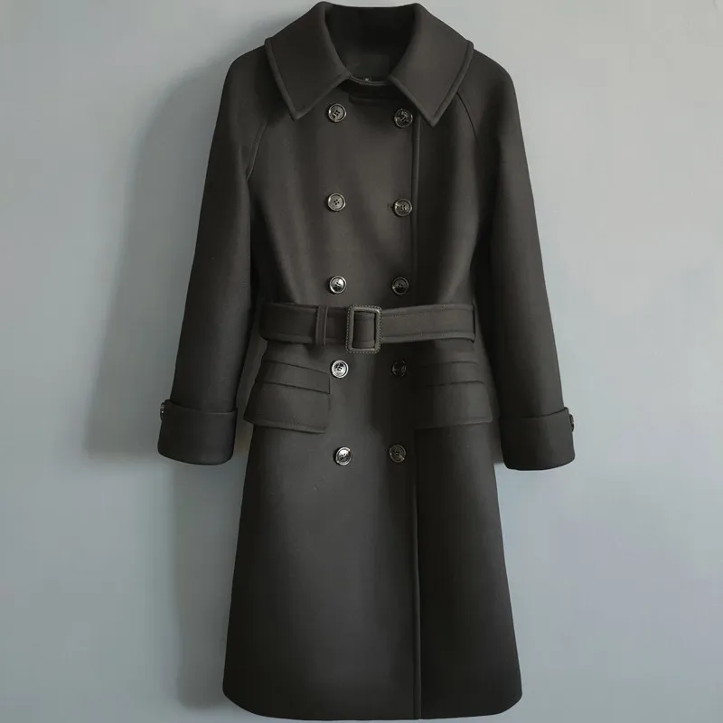 Veste d'hiver épaisse en laine pour femme, manteau Long, Style anglais, rouge, marron, noir, ceinture ample, Double boutonnage