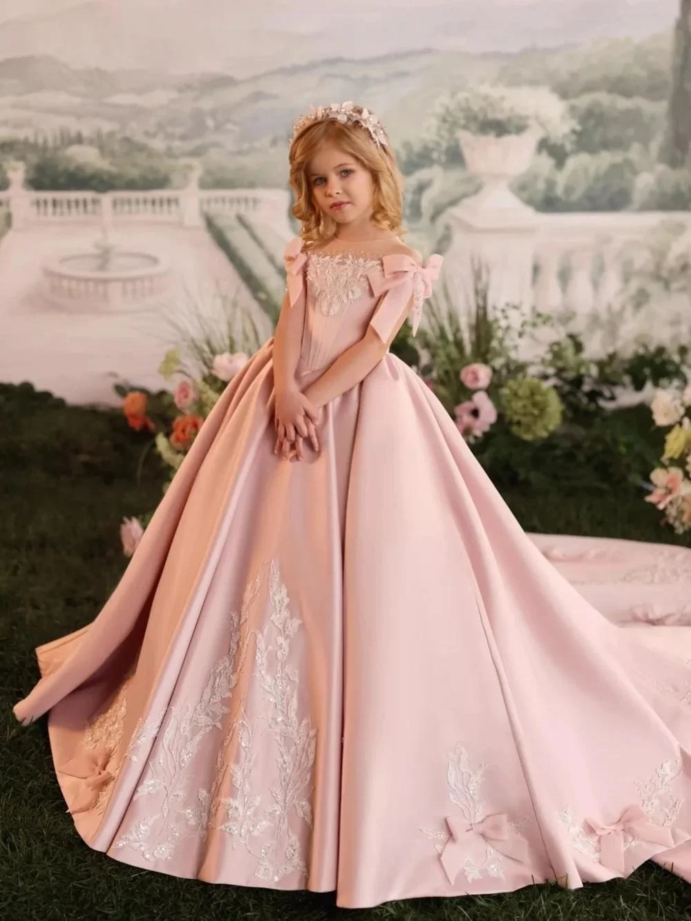 custom-luxury-dress-wedding-guest-gown-flower-girl-gown-birthday-party-gown-pageant-show-bow-lace-embroidery-satin-train-gown