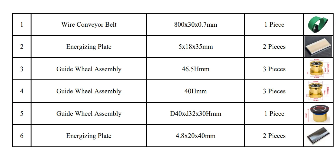 Total 12PC,Wire Conveyor Belt 800x30x0.7,Energizing Plate 5x18x35,Guide Wheel Assembly 46.5Hmm 40Hmm D40xd32x30H,Plate 4.8x20x40