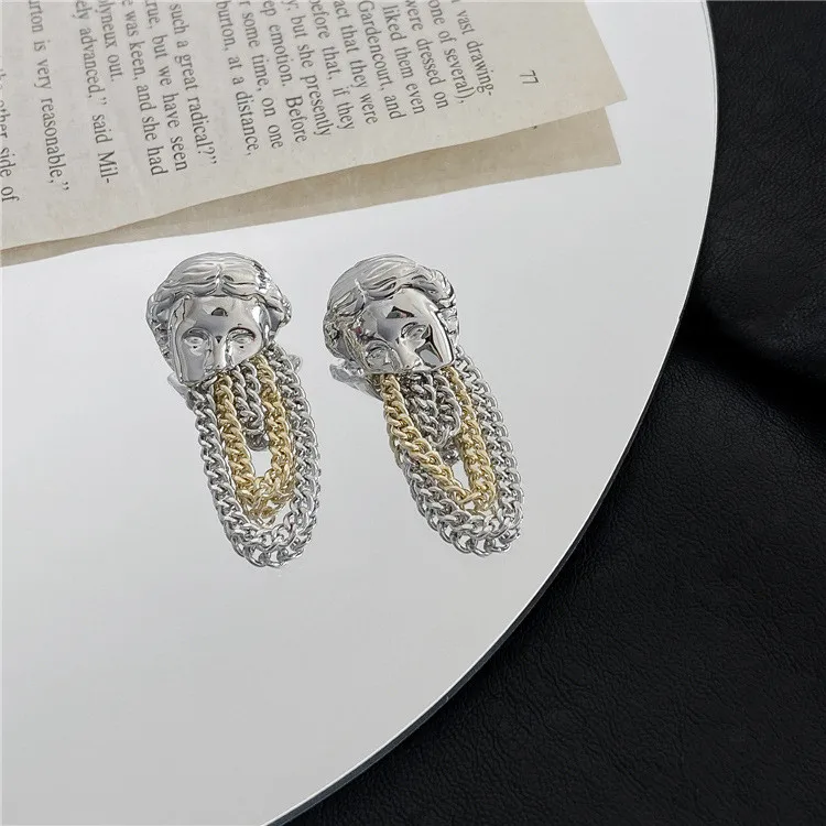 XIALUOKE Unique Style Metal Chain Tassel Drop Earrings For Women Vintage Personality Portrait Earrings Party Jewelry Accessories