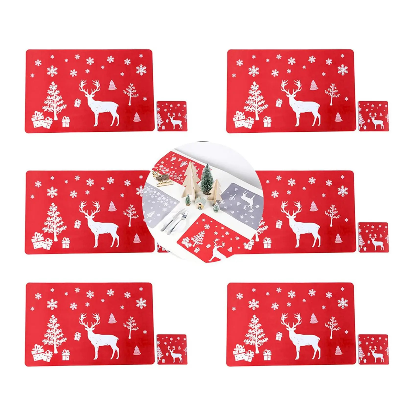 مفرش طاولة قابل للغسل من ABMI-Christmas، مفرش طاولة مكون من 12 مفرش طاولة و12 كوبًا، الأيائل، شجرة عيد الميلاد، مطبوع عليه ندفة الثلج، #3