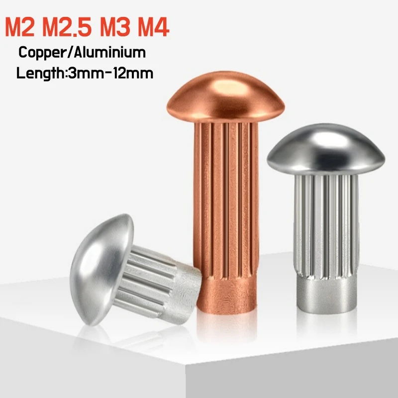30~500pcs Copper/Aluminium Button Round Head Solid Rivet M2 M2.5 M3 M4 Dome Mushroom Head Knurled Rivet Nut for Label Name Plate