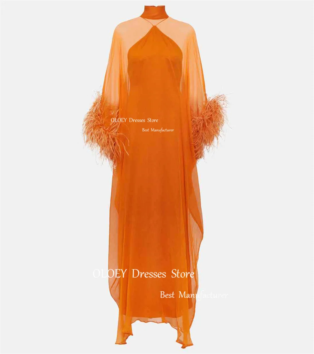 OLOEY Orange Chiffon Evening Dresses African Women High Neck Long Sleeves Feathers Straight Formal Party Prom Gowns Vestidos