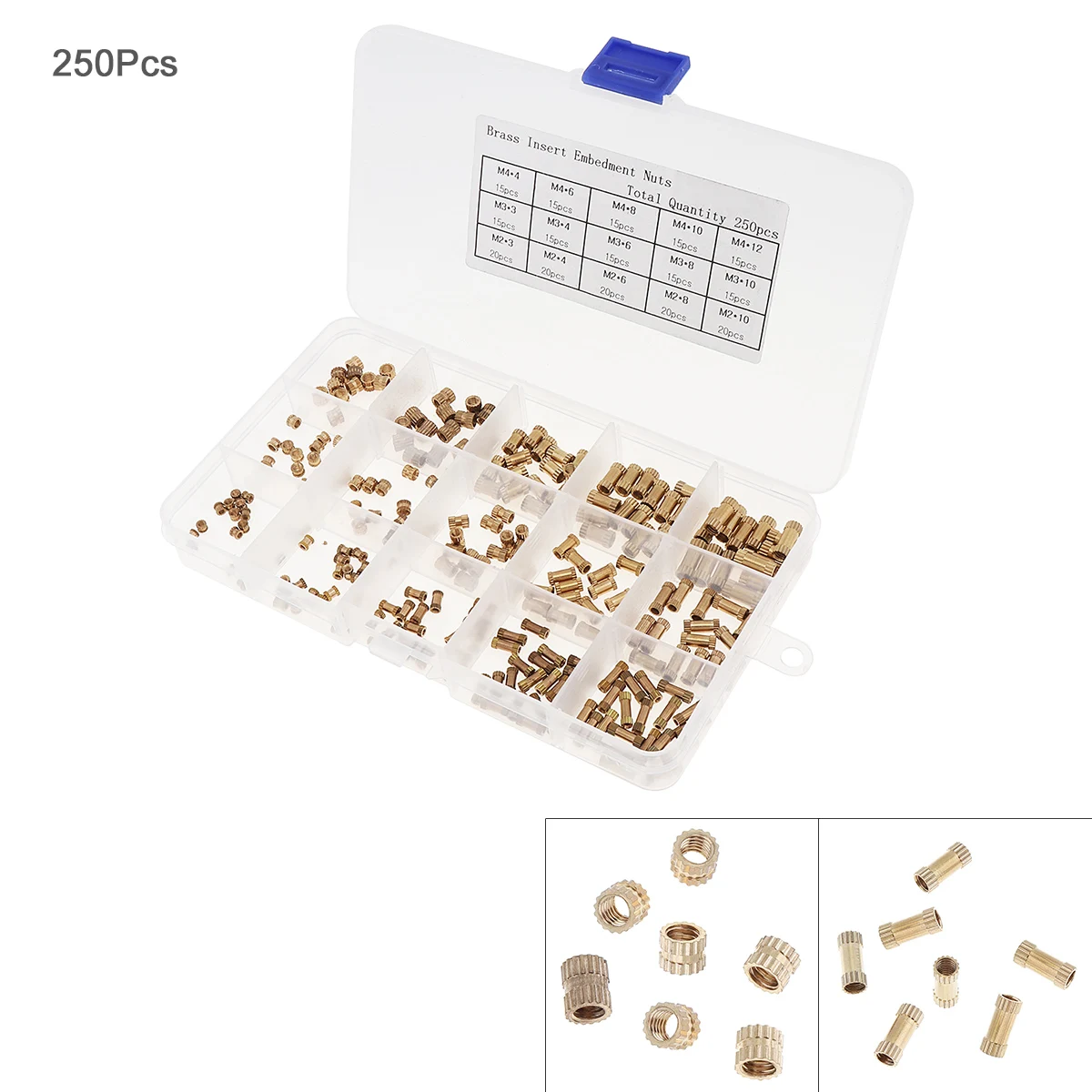 250pcs/set M2 M3 M4 Brass Cylinder Knurled Threaded Round Insert Embedded Nuts with Plastic Box Hand Tool Sets