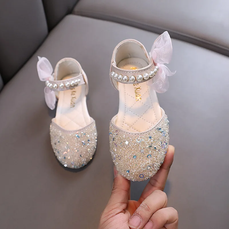 AINYFU Girls Sequin Lace Bow Kids Sandals Summer Children Pearl Flats Sandals Little Girl Princess Shoes Baby Dance Sandals J253