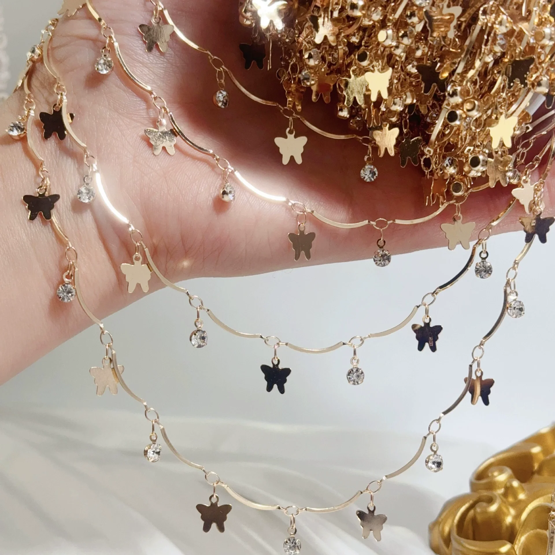 

0.5/1Meter Butterfly Rhinestone Bead Tassel Bending Rod Copper Chain for DIY Charms Jewelry Making Bracelet Necklace Accessories